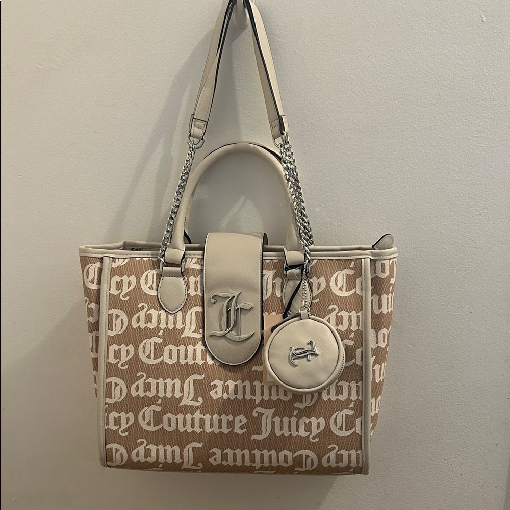 Juicy Couture Tan and Cream Logo Tote with Chain-Strap
